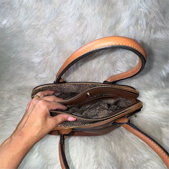 Women's Spacious Brown Structured Satchel Bag Purse with Leopard Print Lining - Picture 5 of 9